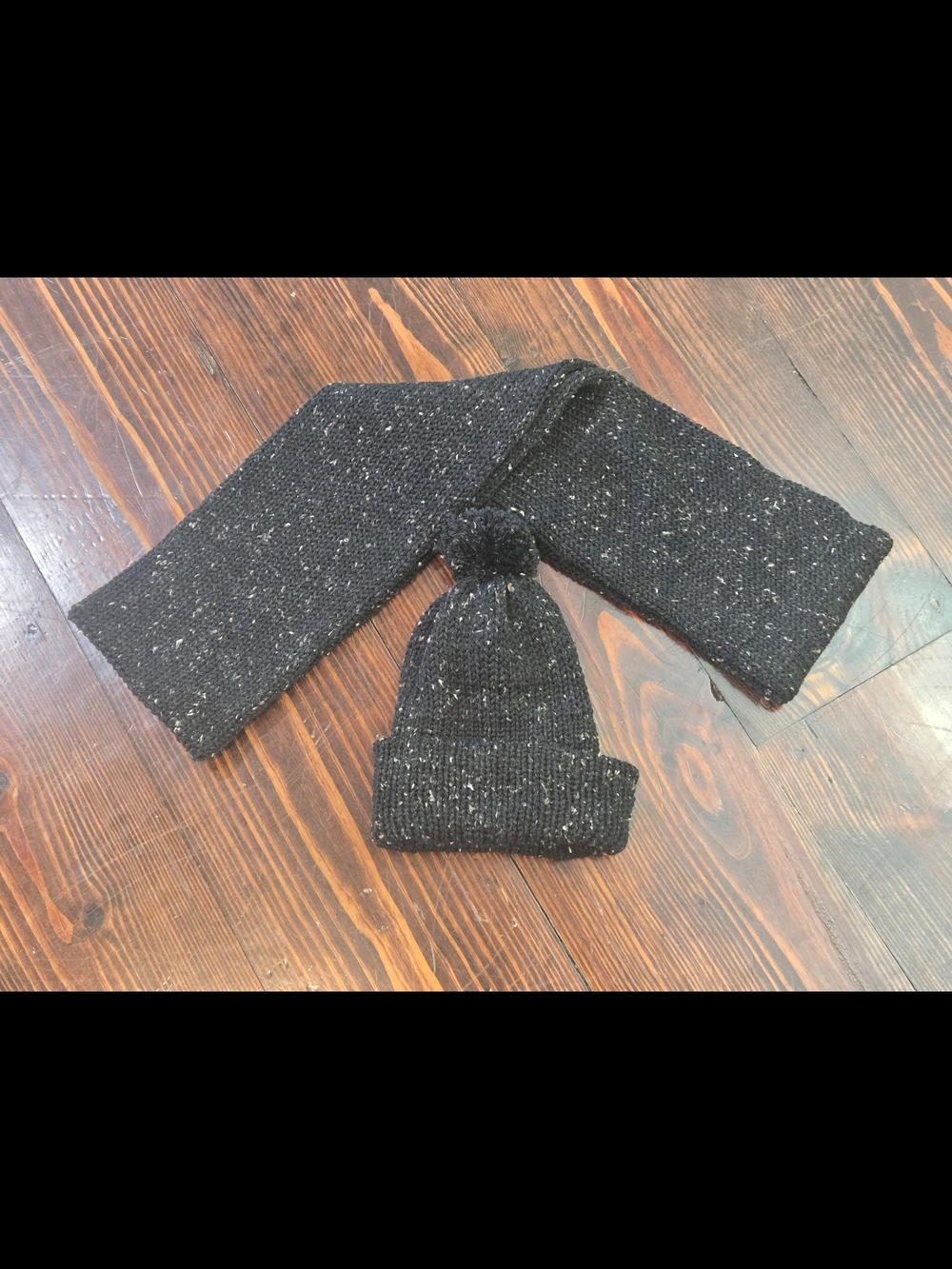 Handmade Black Tweed Knit Scarf and Beanie Set | Speckled Winter Hat, 63" Scarf
